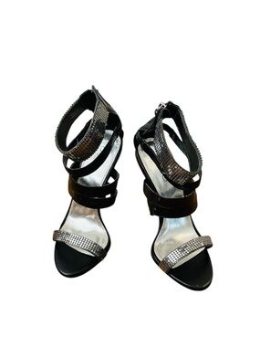 bebe Black Strappy Evening Heels with Rhinestone Toe Strap.  Size 7M.